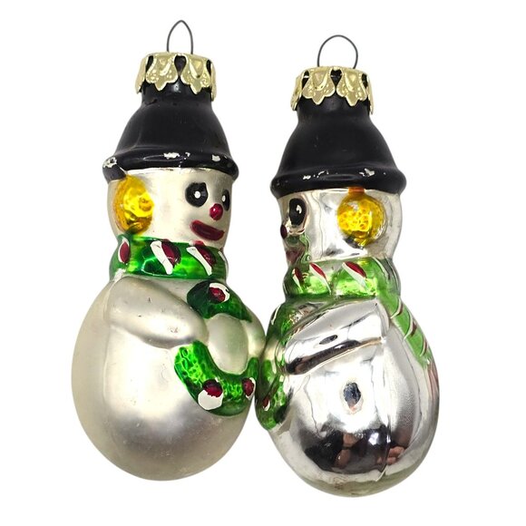 Vtg Glass Snowman Christmas Ornaments 3.5" Black Hat & Wreath Design Set Of 2 - Picture 7 of 7